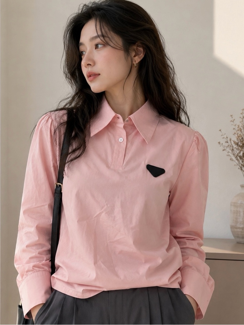 Women’s Pink Long Sleeve Collared Pullover Blouse